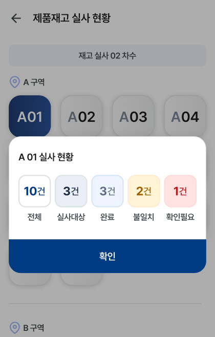 제품재고 실사 현황 화면: 구역별 완료·불일치·확인필요 건수