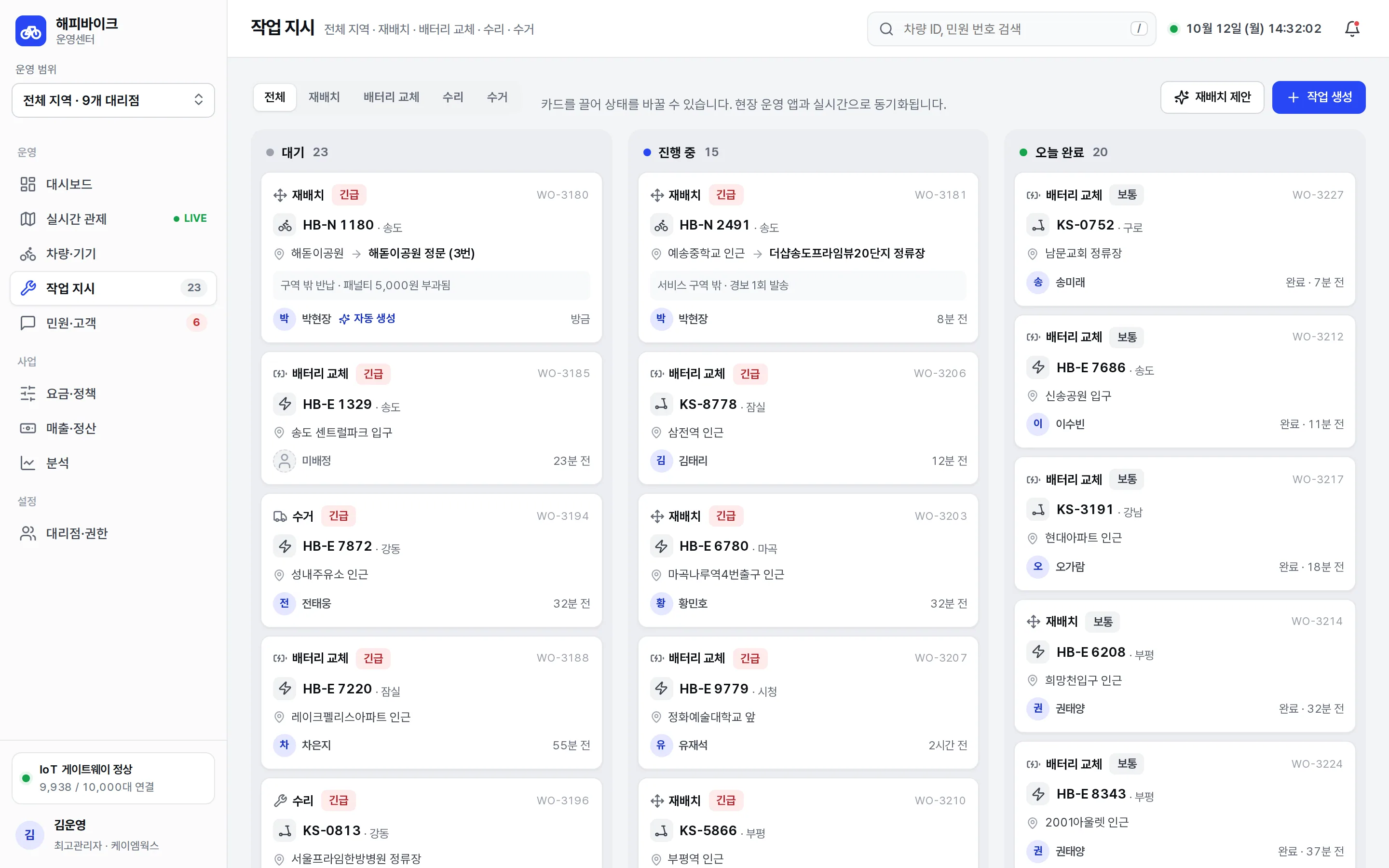 작업 지시 화면 일부: 대기·진행 중·완료 칸반