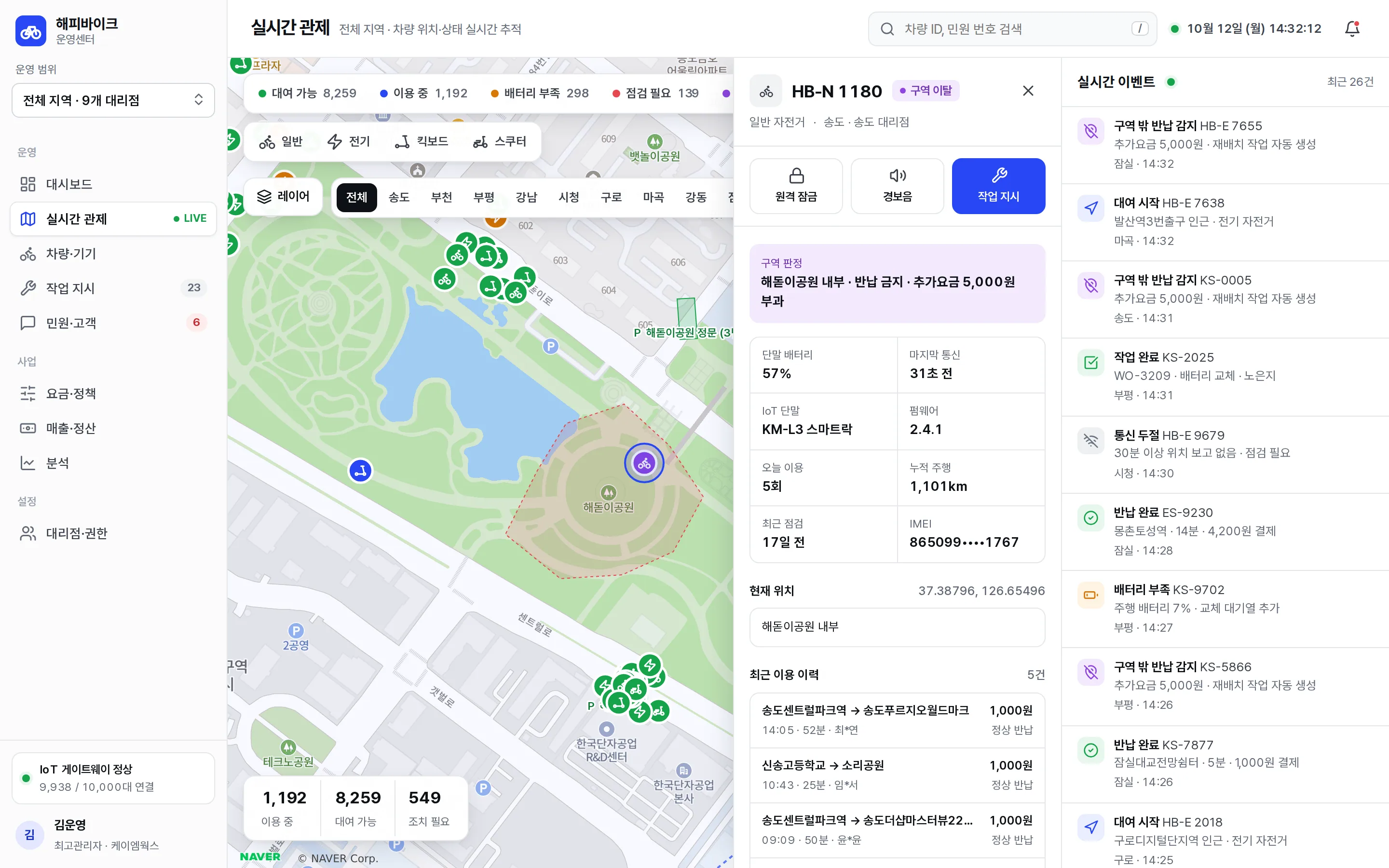 실시간 관제: 반납 금지구역에 반납된 차량을 선택해 구역 판정과 이용 이력을 확인하는 화면